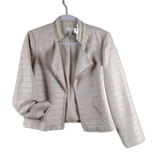 Chico's Cream Gold Metallic Tweed Stand Up Collar Long Sleeve Open Front Blazer